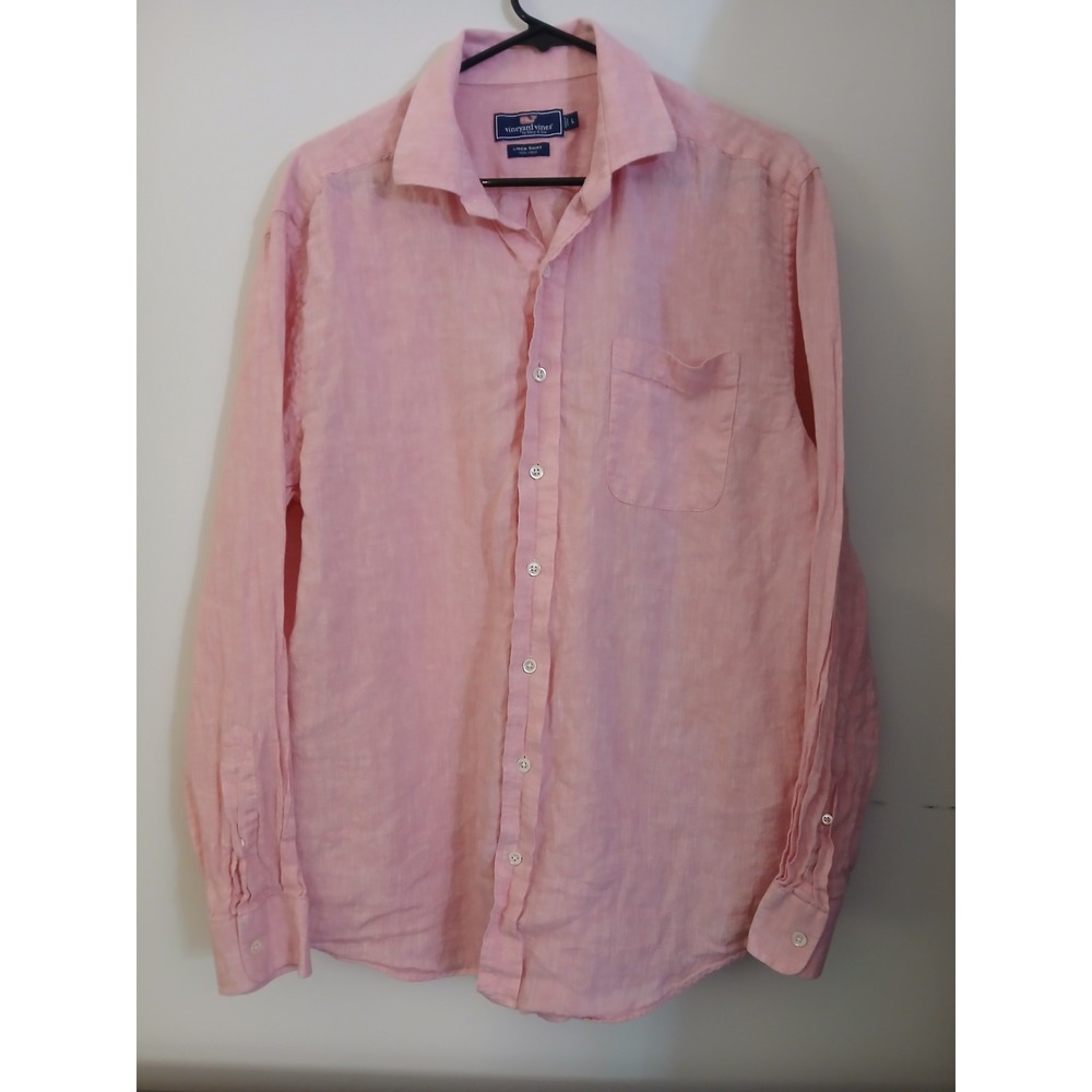 Vineyard Vines Mens Large Pink 100% Linen Long Sleeve Button Down Shirt Pocket